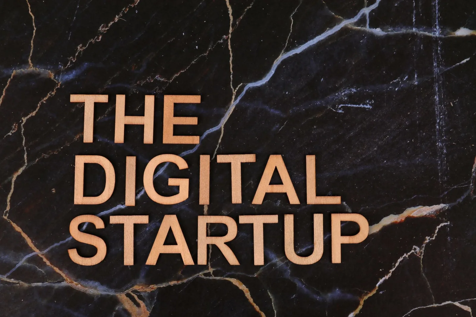Wooden letters spelling 'The Digital Startup' on a dark marble background. Ideal for business and tech themes.